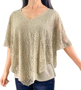 Brittany Black Womens V-Neck 3/4 Sleeve Lace Poncho Floral Print Knit Blouse