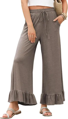 EVALESS Womens Wide Leg Pants Drawstring Elastic High Waisted Ruffle Hem Palazzo Pants with Pockets