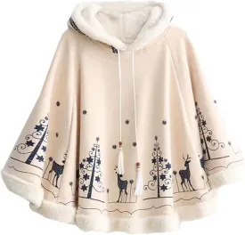 Flygo Women Girl's Cute Fleece Lined Hooded Cape Poncho Cloak Coat Animal Printed