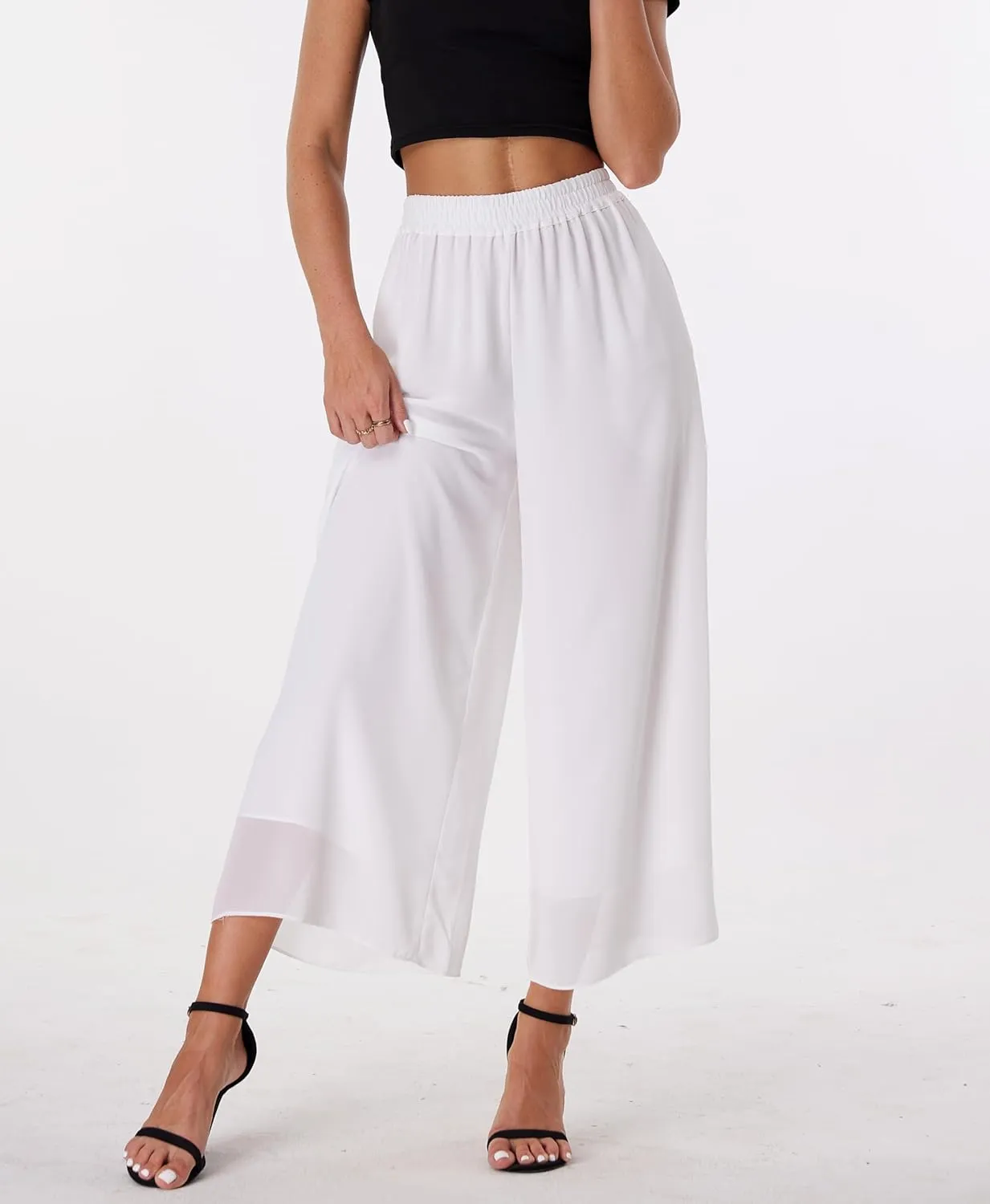 heipeiwa Women's Capris Crop Chiffon Pants Summer Beach Vacation Culottes Casual Dress Wide Leg Palazzo Pants