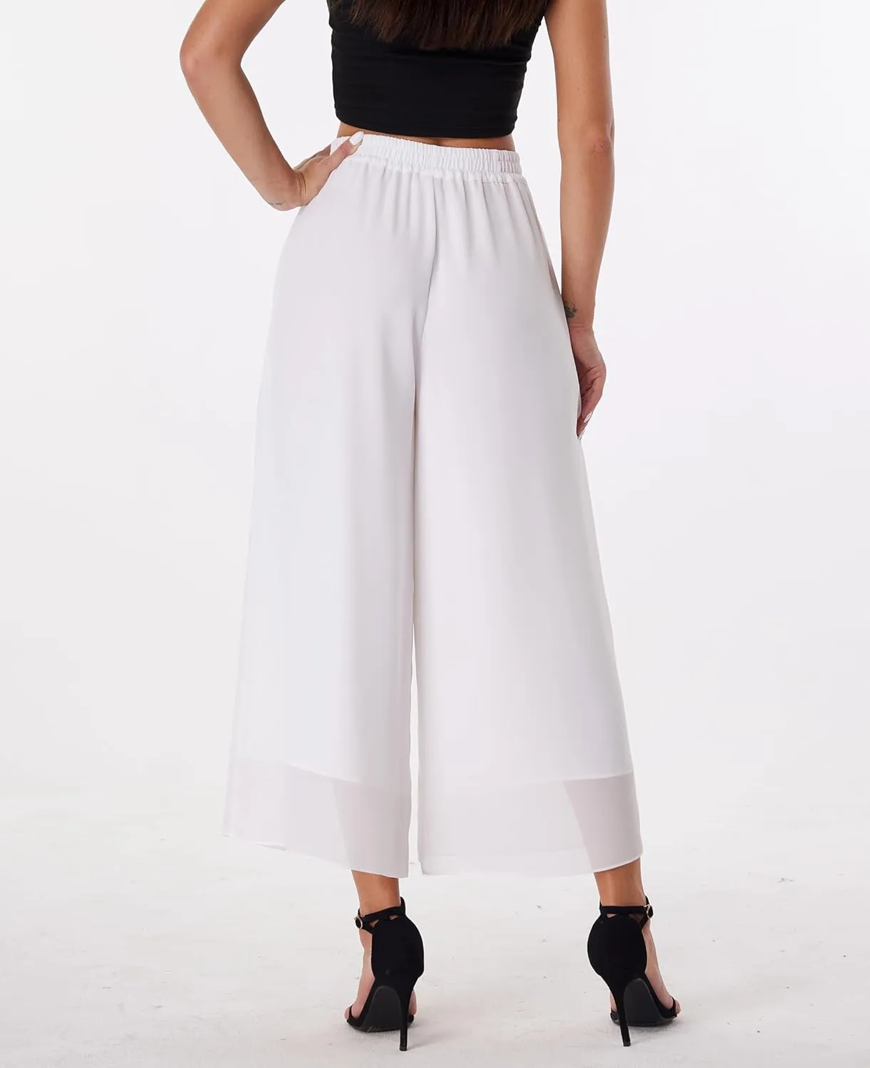 heipeiwa Women's Capris Crop Chiffon Pants Summer Beach Vacation Culottes Casual Dress Wide Leg Palazzo Pants