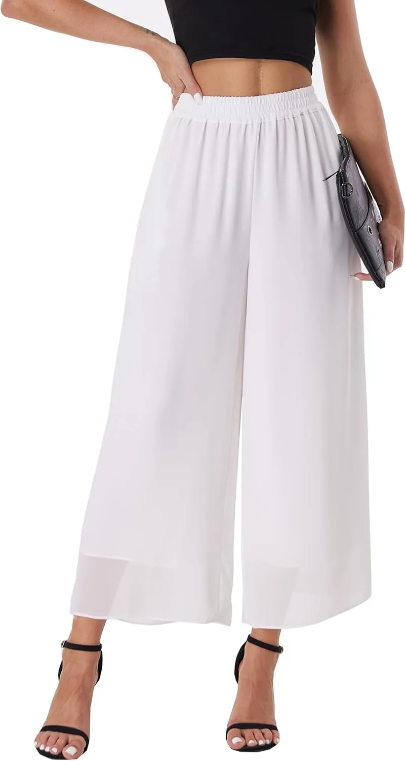 heipeiwa Women's Capris Crop Chiffon Pants Summer Beach Vacation Culottes Casual Dress Wide Leg Palazzo Pants