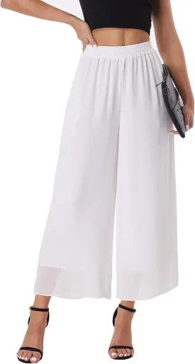 heipeiwa Women's Capris Crop Chiffon Pants Summer Beach Vacation Culottes Casual Dress Wide Leg Palazzo Pants