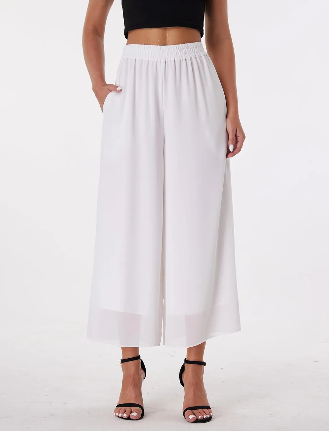 heipeiwa Women's Capris Crop Chiffon Pants Summer Beach Vacation Culottes Casual Dress Wide Leg Palazzo Pants