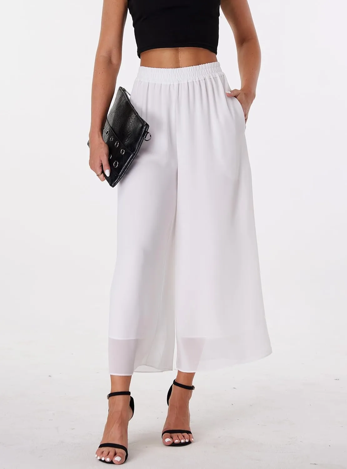 heipeiwa Women's Capris Crop Chiffon Pants Summer Beach Vacation Culottes Casual Dress Wide Leg Palazzo Pants