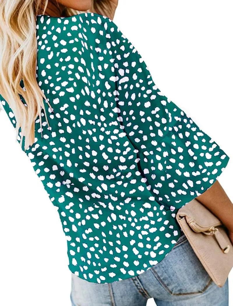 Kancystore Womens Button Down V Neck Tie Knot Front Tops 3/4 Sleeve Chiffon Casual Blouse Shirts