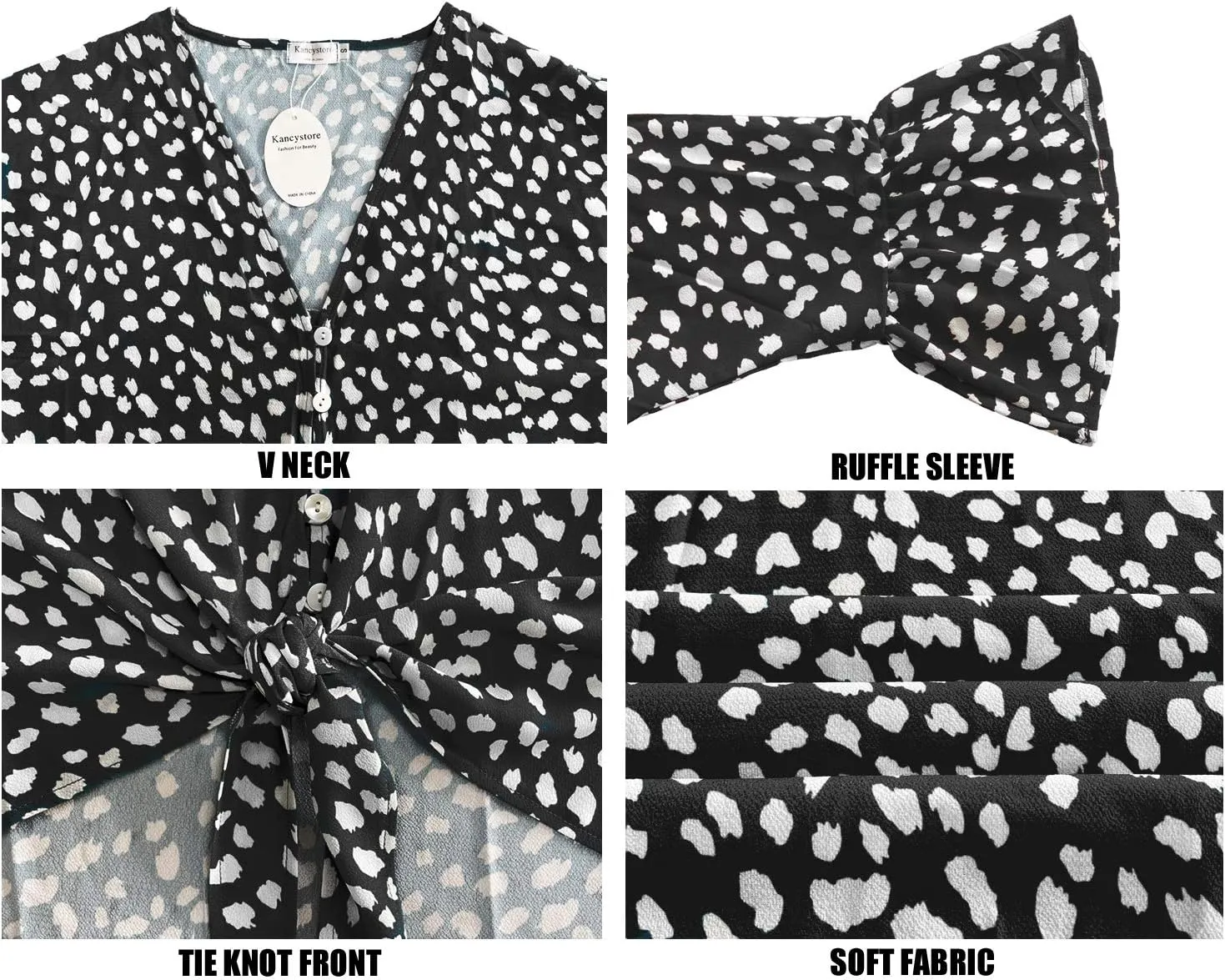 Kancystore Womens Button Down V Neck Tie Knot Front Tops 3/4 Sleeve Chiffon Casual Blouse Shirts