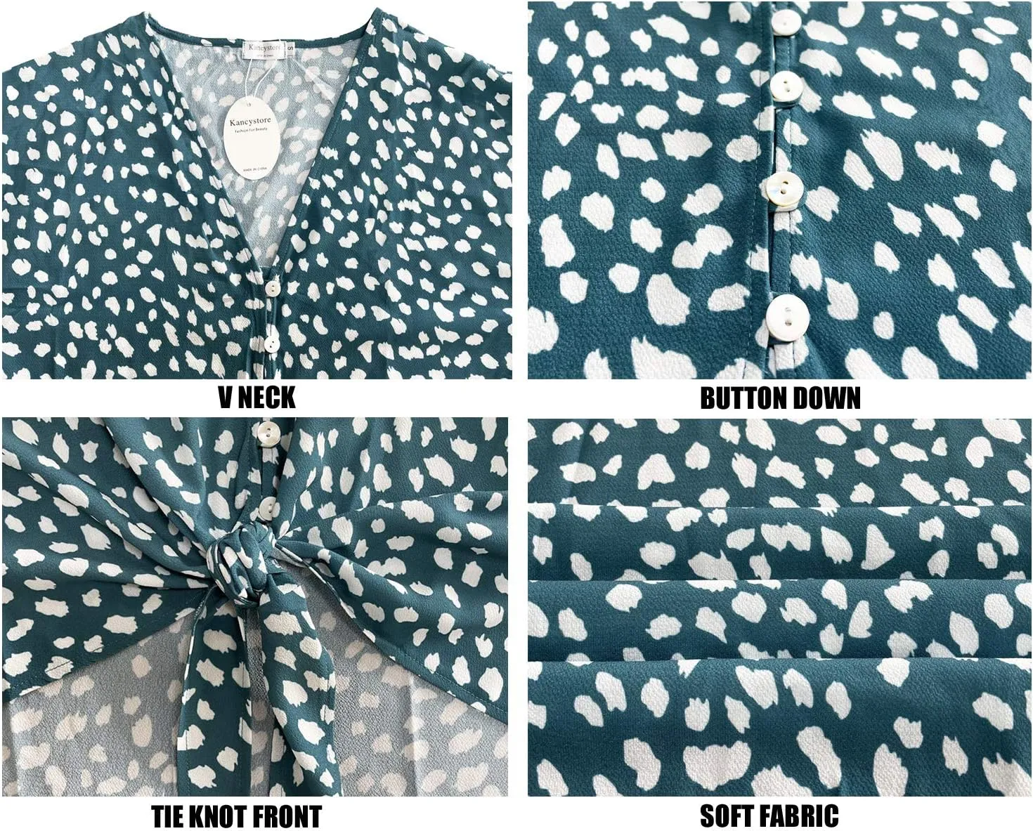 Kancystore Womens Button Down V Neck Tie Knot Front Tops 3/4 Sleeve Chiffon Casual Blouse Shirts