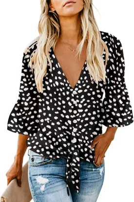 Kancystore Womens Button Down V Neck Tie Knot Front Tops 3/4 Sleeve Chiffon Casual Blouse Shirts