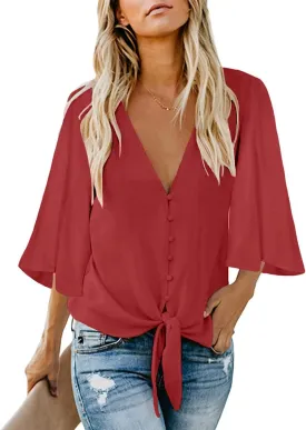 Kancystore Womens Button Down V Neck Tie Knot Front Tops 3/4 Sleeve Chiffon Casual Blouse Shirts