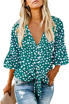 Kancystore Womens Button Down V Neck Tie Knot Front Tops 3/4 Sleeve Chiffon Casual Blouse Shirts