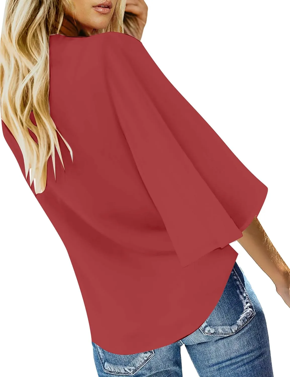 luvamia Women's Casual V Neck Tops 3/4 Sleeve Tie Knot Blouses Solid Button Down Shirts