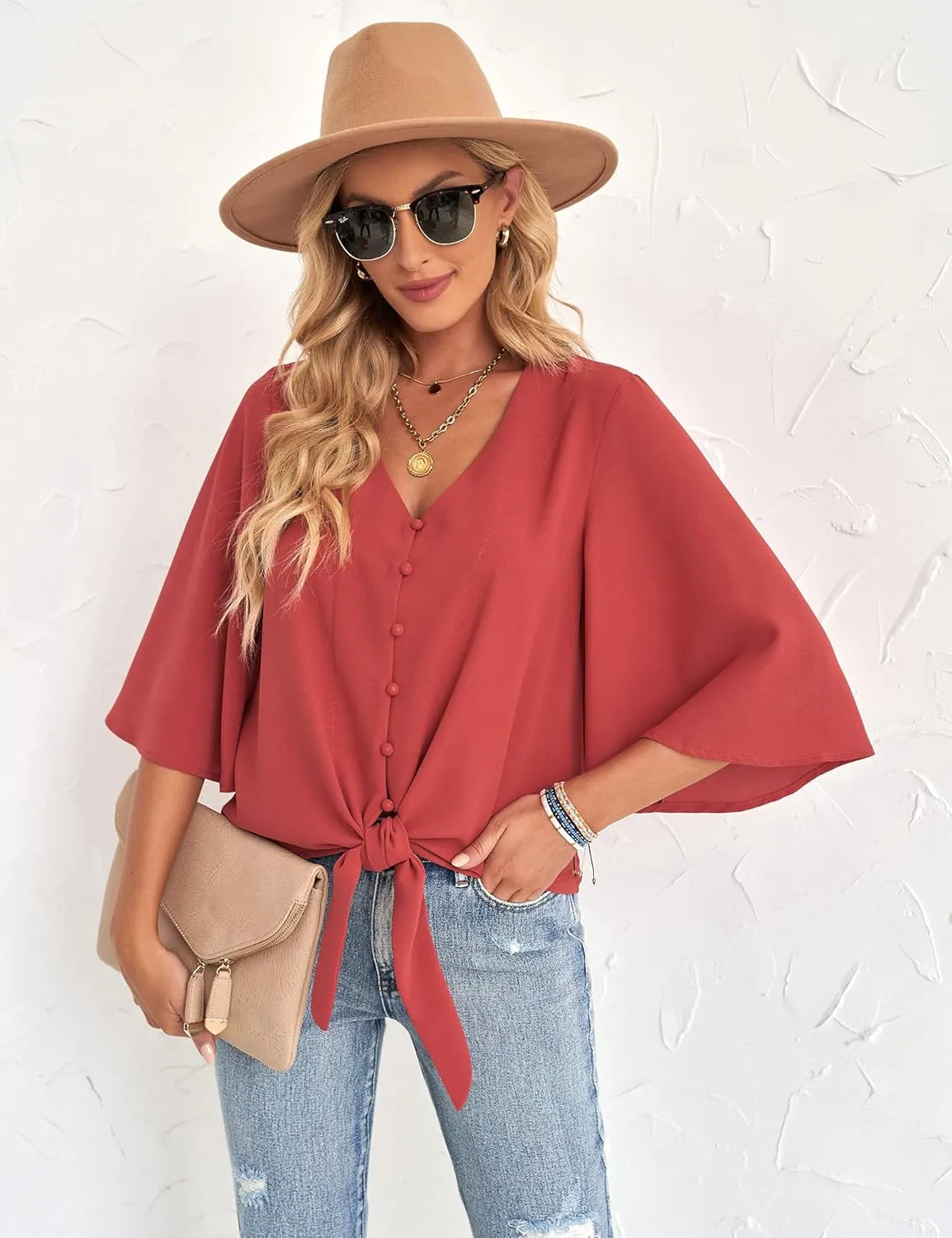 luvamia Women's Casual V Neck Tops 3/4 Sleeve Tie Knot Blouses Solid Button Down Shirts