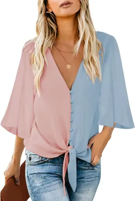 luvamia Women's Casual V Neck Tops 3/4 Sleeve Tie Knot Blouses Solid Button Down Shirts