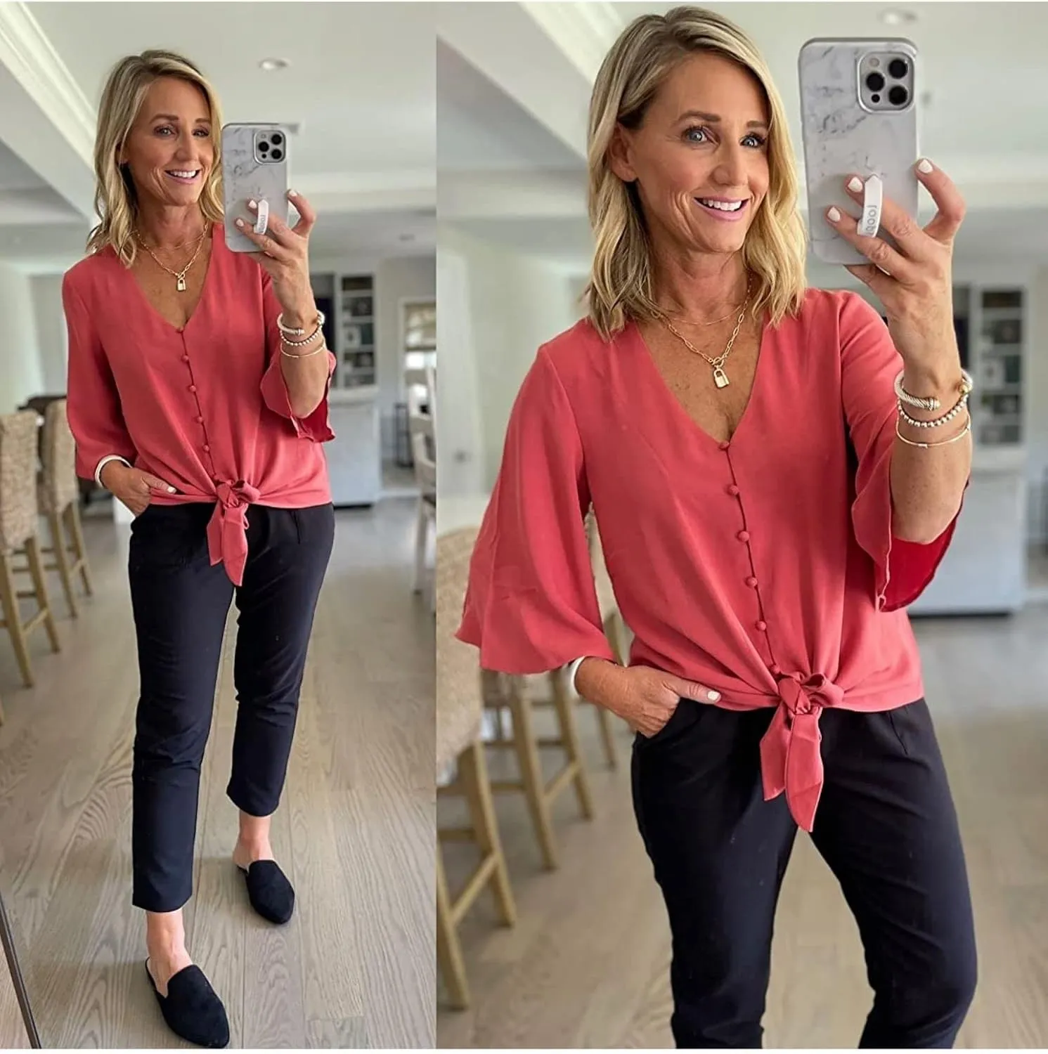 luvamia Women's Casual V Neck Tops 3/4 Sleeve Tie Knot Blouses Solid Button Down Shirts
