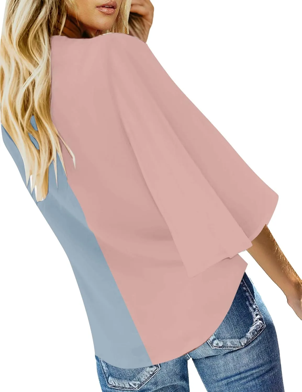 luvamia Women's Casual V Neck Tops 3/4 Sleeve Tie Knot Blouses Solid Button Down Shirts