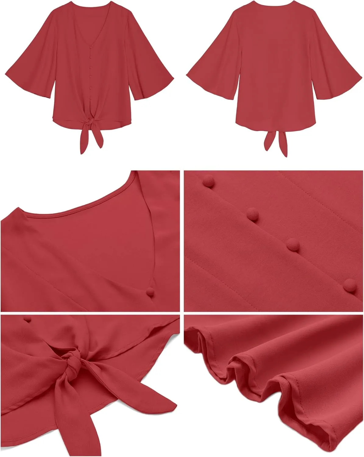 luvamia Women's Casual V Neck Tops 3/4 Sleeve Tie Knot Blouses Solid Button Down Shirts