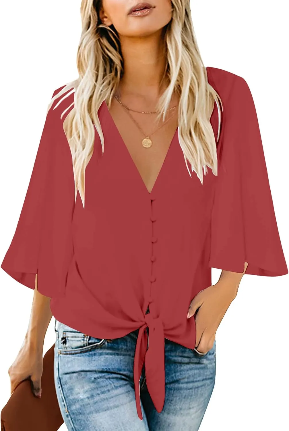 luvamia Women's Casual V Neck Tops 3/4 Sleeve Tie Knot Blouses Solid Button Down Shirts