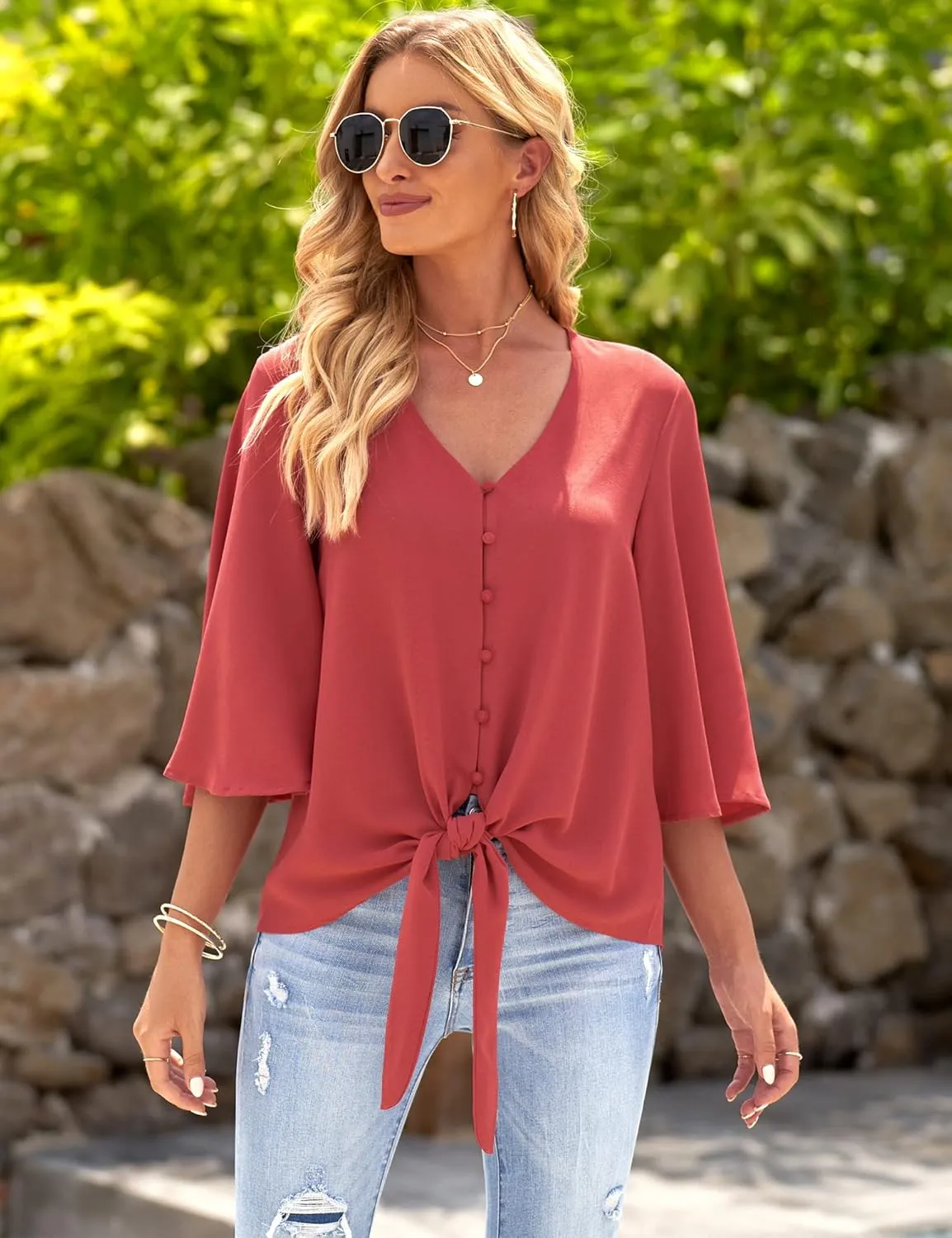 luvamia Women's Casual V Neck Tops 3/4 Sleeve Tie Knot Blouses Solid Button Down Shirts