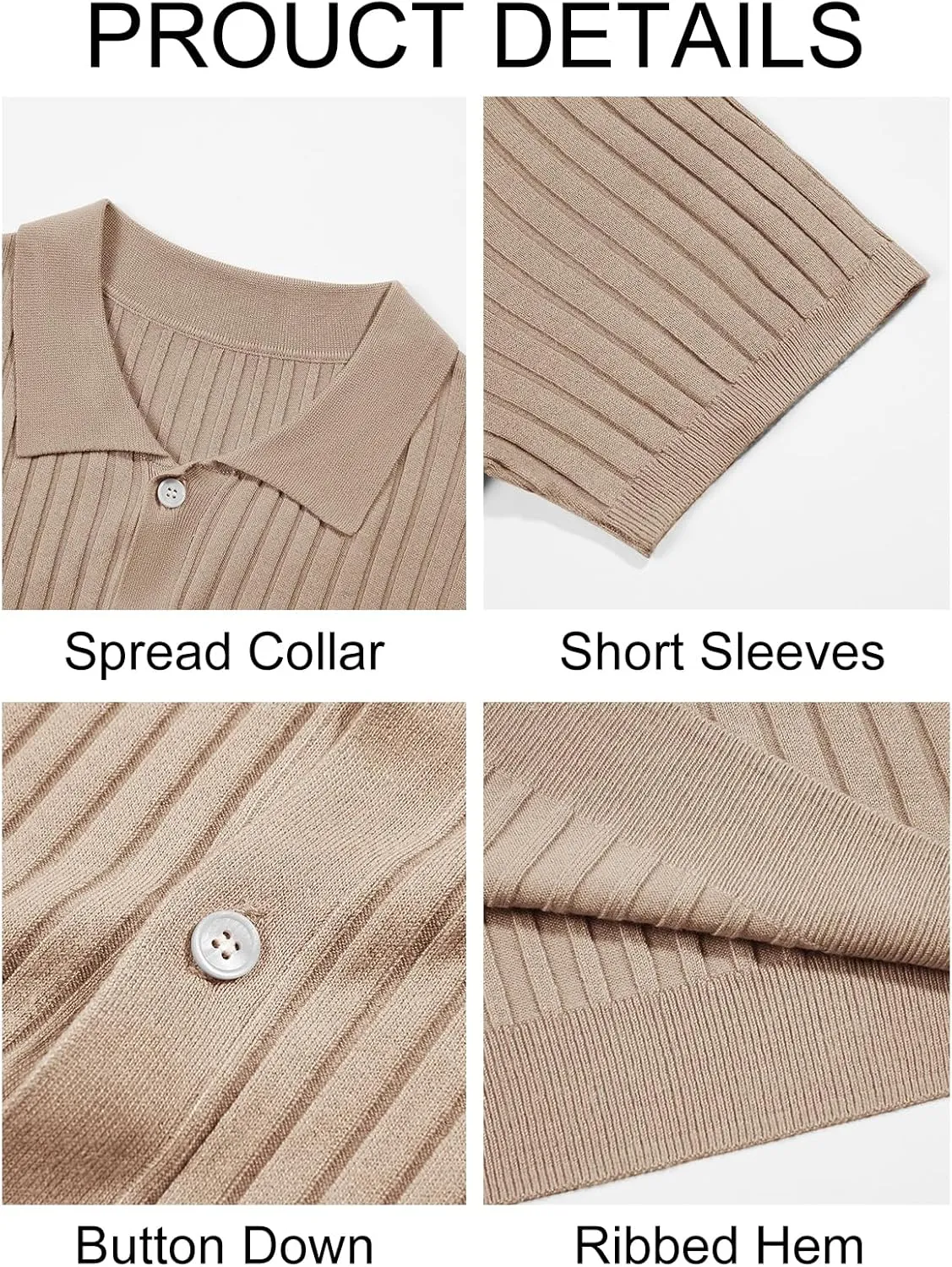 Mens Knit Polo Shirt Short Sleeve Button Down Golf Shirts Causal Ribbed Summer Beach Tops
