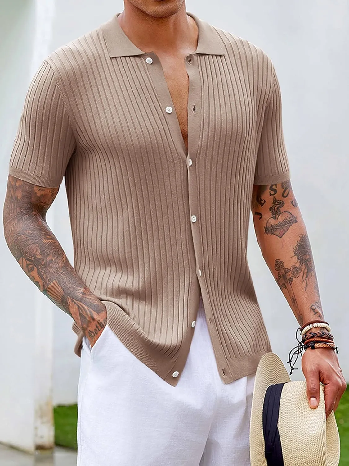 Mens Knit Polo Shirt Short Sleeve Button Down Golf Shirts Causal Ribbed Summer Beach Tops