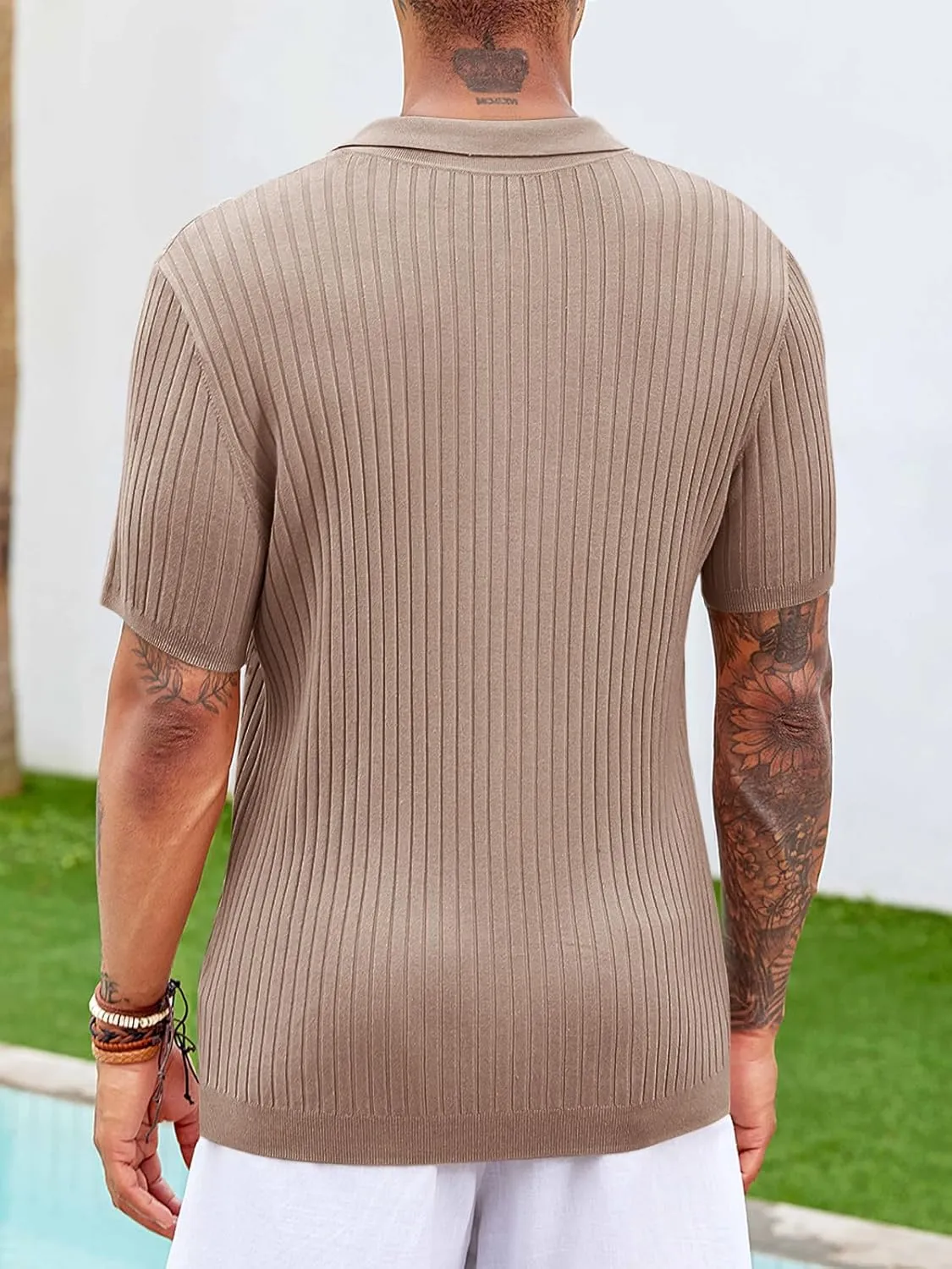 Mens Knit Polo Shirt Short Sleeve Button Down Golf Shirts Causal Ribbed Summer Beach Tops
