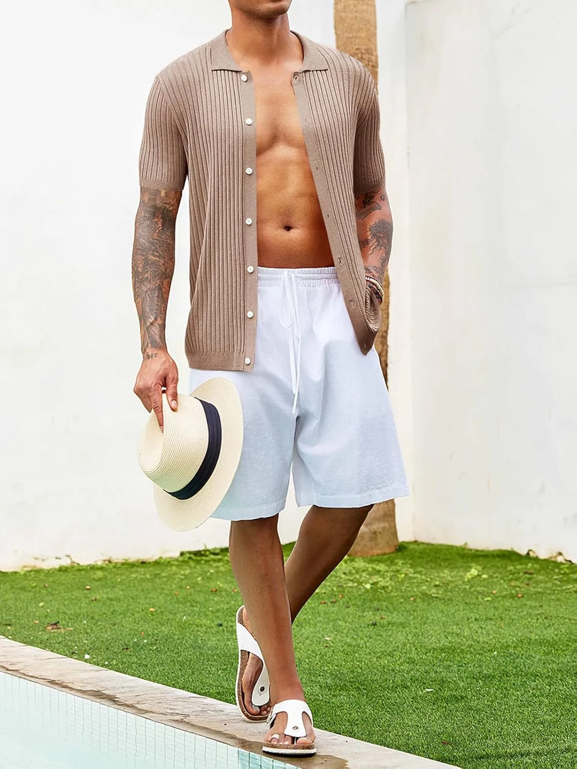 Mens Knit Polo Shirt Short Sleeve Button Down Golf Shirts Causal Ribbed Summer Beach Tops