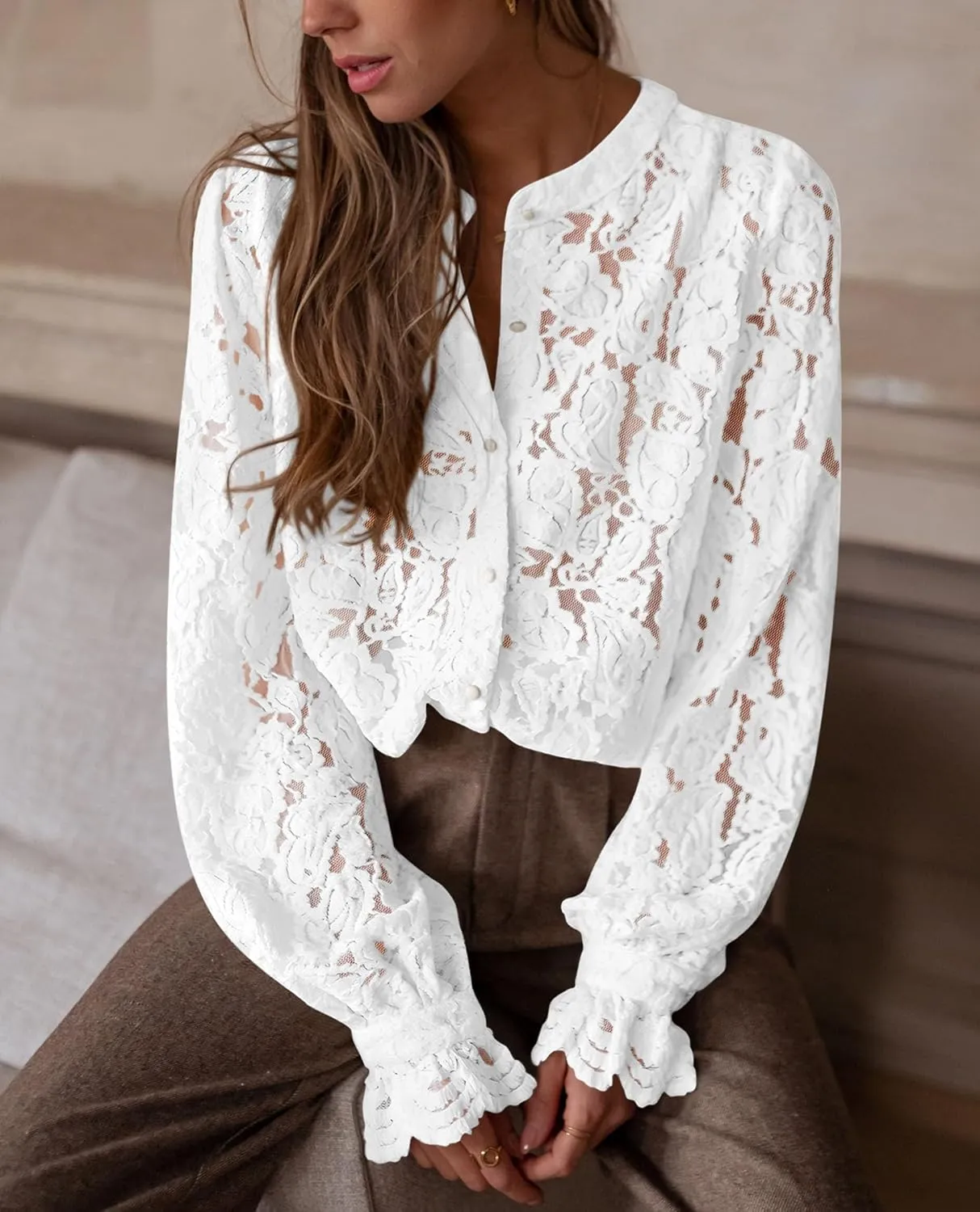 PRETTYGARDEN Women's Dressy Casual Lace Blouse Long Sleeve Button Up Shirts Tops Spring Fall Fashion Clothes