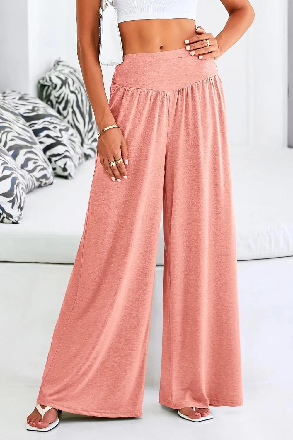 PRETTYGARDEN Women's Summer Wide Leg Trouser Pants Casual High Waisted Flowy Palazzo Lounge Pant with Pockets