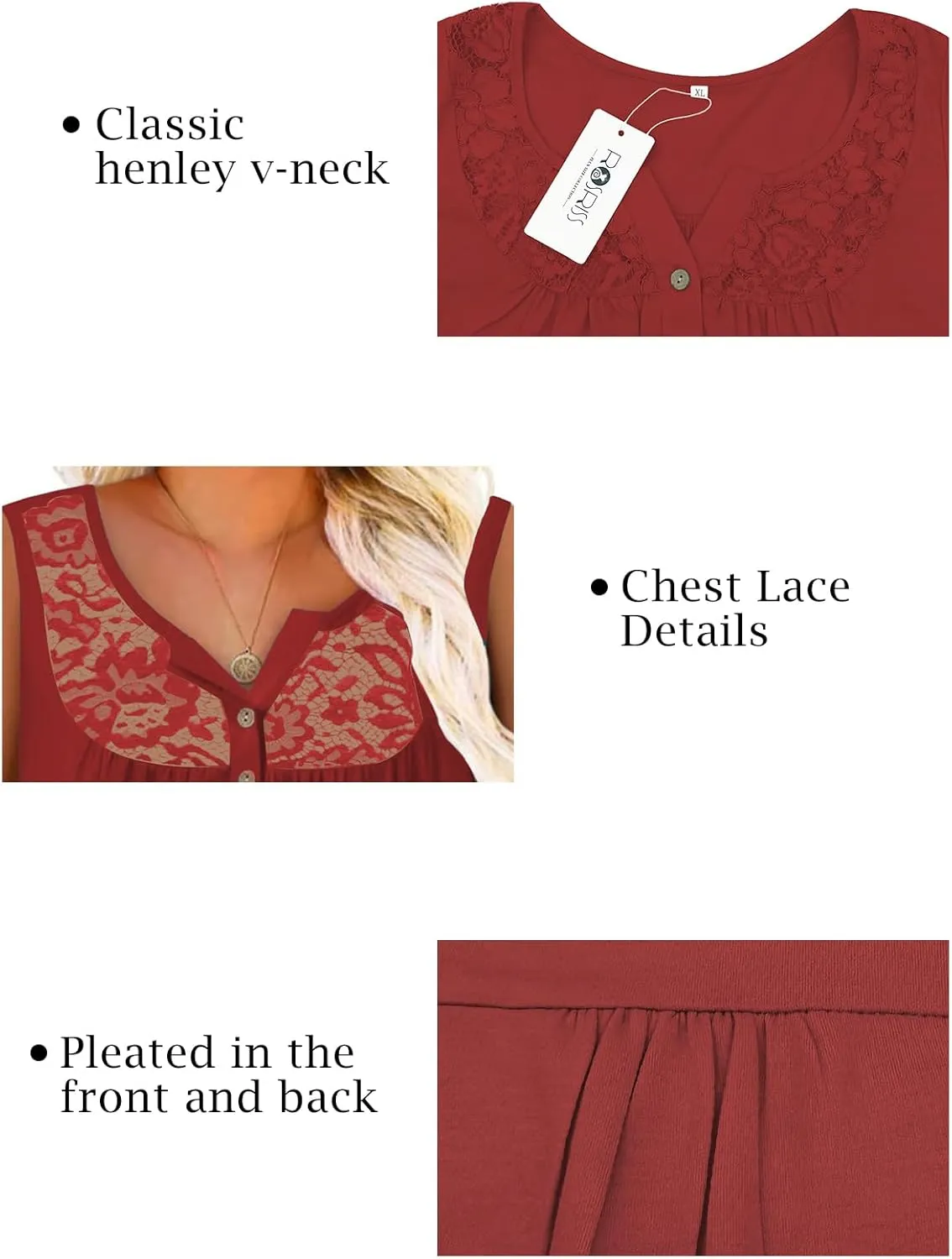ROSRISS Plus-Size Tank Tops Summer Sleeveless Henley V-Neck Shirts Buttons Up Lace Pleated Flowy Tunics