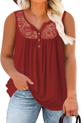 ROSRISS Plus-Size Tank Tops Summer Sleeveless Henley V-Neck Shirts Buttons Up Lace Pleated Flowy Tunics