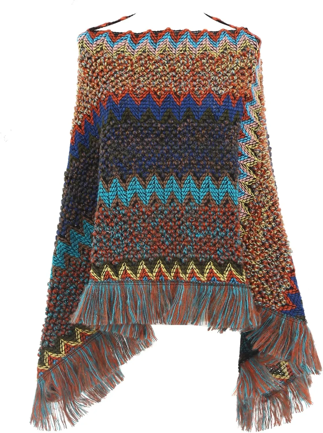 SherryDC Women's Zig-Zag Knit Tassel Fringed Pullover Poncho Sweater Cape Shawl Wrap