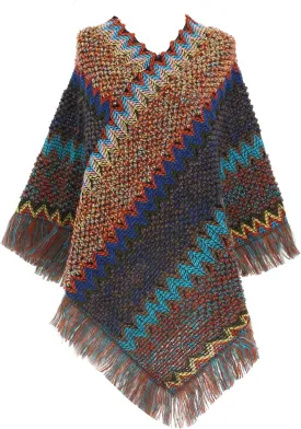 SherryDC Women's Zig-Zag Knit Tassel Fringed Pullover Poncho Sweater Cape Shawl Wrap