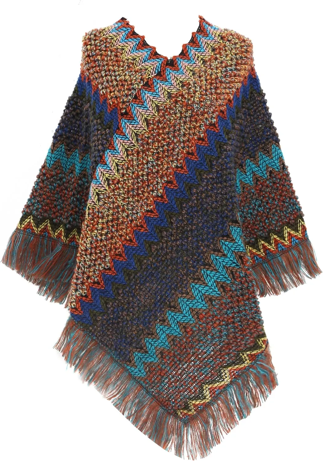 SherryDC Women's Zig-Zag Knit Tassel Fringed Pullover Poncho Sweater Cape Shawl Wrap