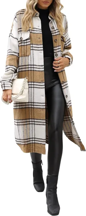 UANEO Plaid Coat Women Button Down Long Plaid Jacket Fall Flannel Trench Coat