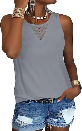 Veatzaer Women's Lace Tank Tops for Summer Crew Neck Casual Loose Fit Solid Sleeveless Shirt Lace Tanks