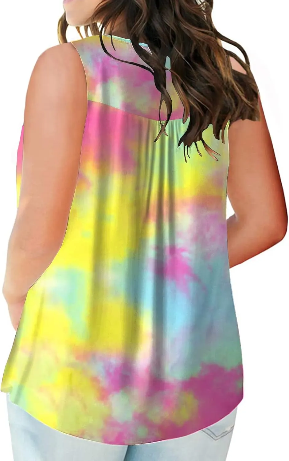 VISLILY Womens-Plus-Size-Tank-Tops Summer Sleeveless Henley Shirts Buttons Up Tunics Flowy Pleated Blouses