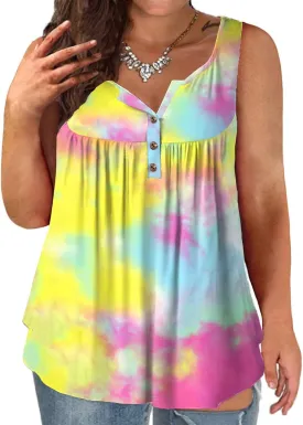 VISLILY Womens-Plus-Size-Tank-Tops Summer Sleeveless Henley Shirts Buttons Up Tunics Flowy Pleated Blouses