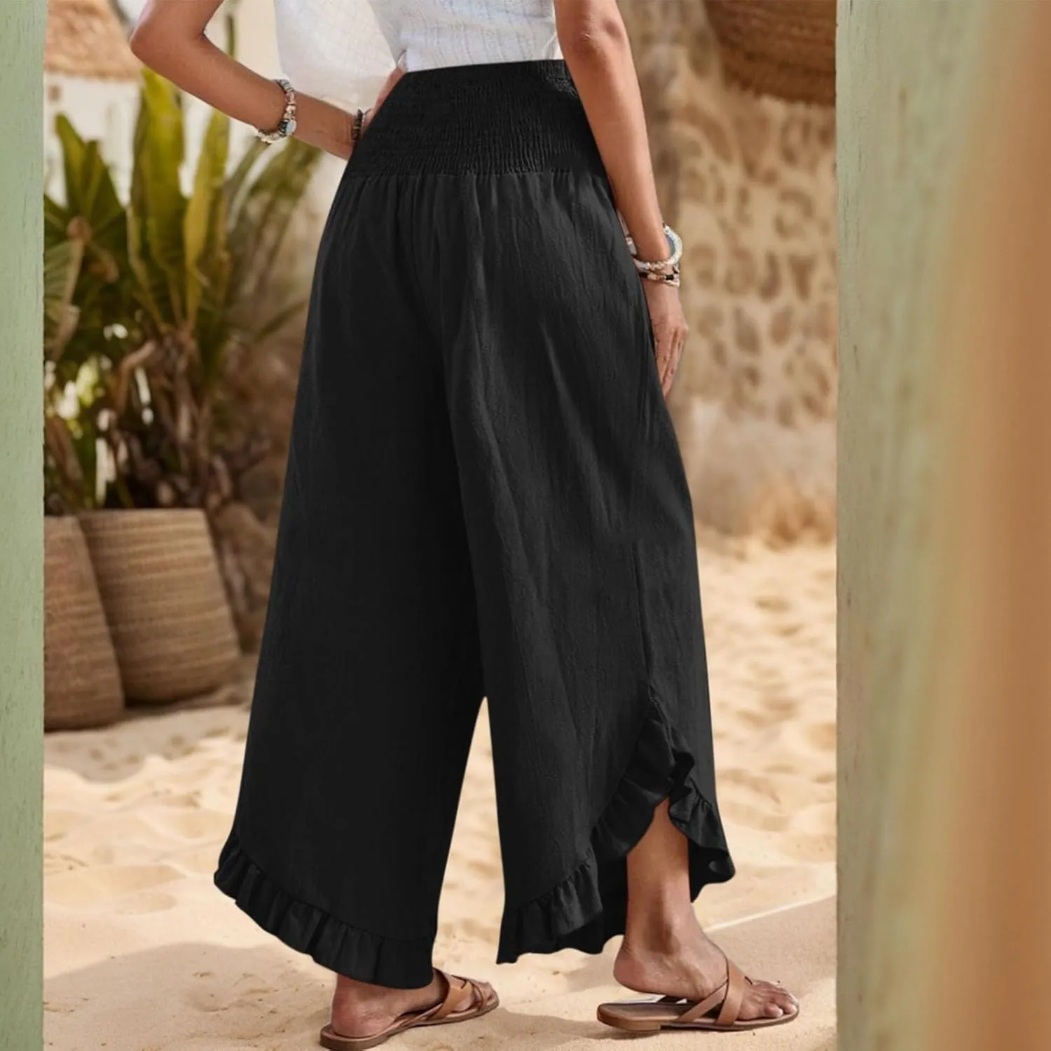 Women Linen Pants Wide Leg Smocked Waist Ruffle Hem Palazzo Pant Summer Boho Flowy Beach Trousers with Pockets