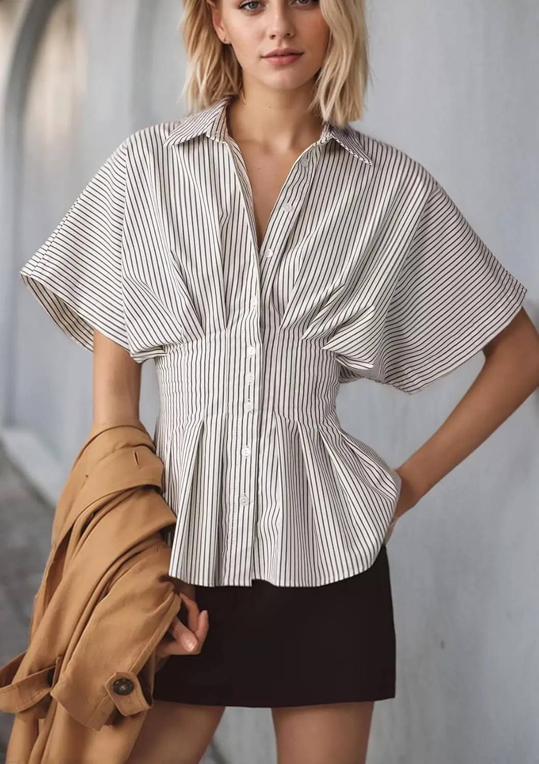 Women Striped Button Down Pleated Shirts 2025 Summer Short Sleeve Dressy Peplum Tops Casual Business Blouse
