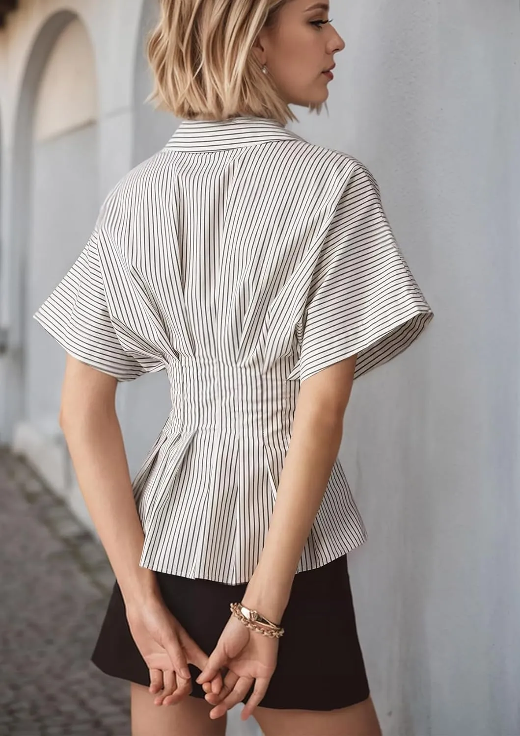 Women Striped Button Down Pleated Shirts 2025 Summer Short Sleeve Dressy Peplum Tops Casual Business Blouse