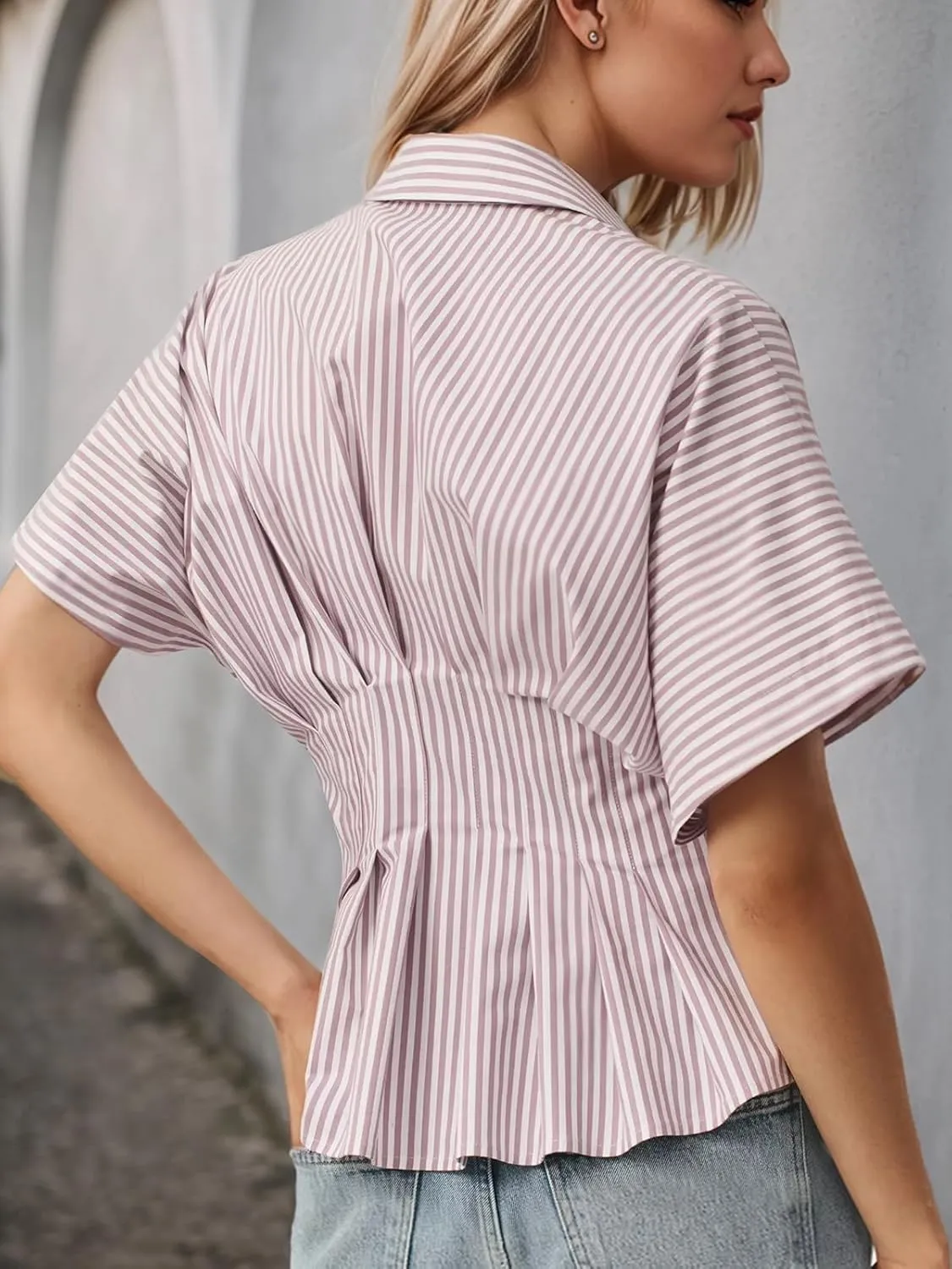 Women Striped Button Down Pleated Shirts 2025 Summer Short Sleeve Dressy Peplum Tops Casual Business Blouse