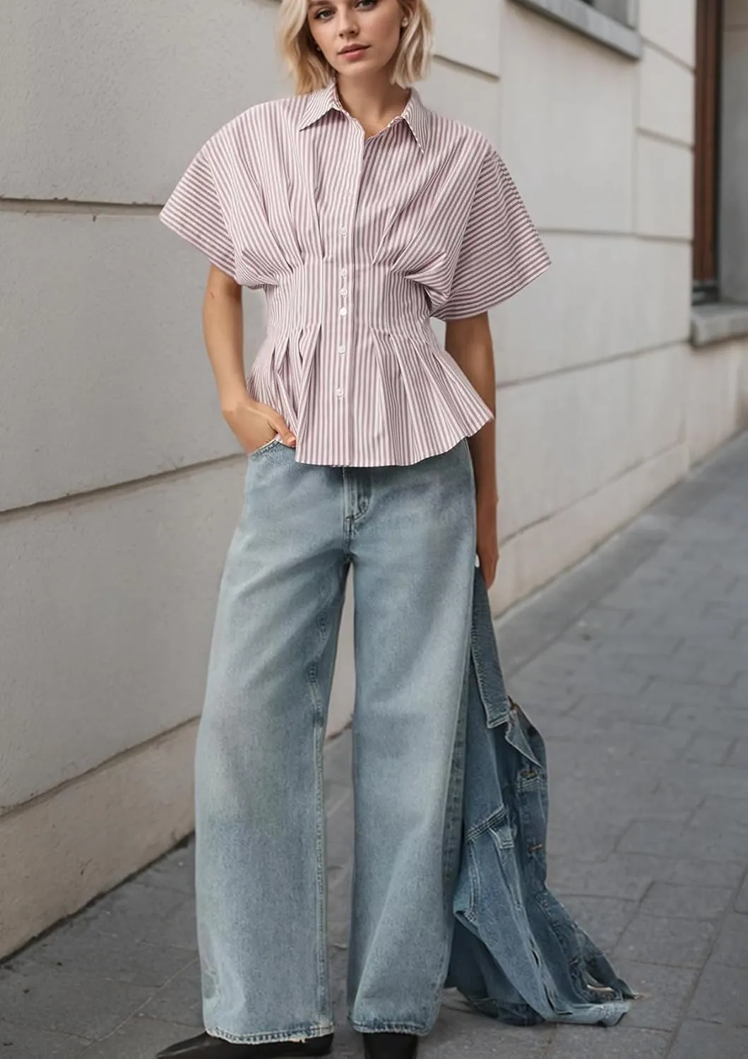 Women Striped Button Down Pleated Shirts 2025 Summer Short Sleeve Dressy Peplum Tops Casual Business Blouse
