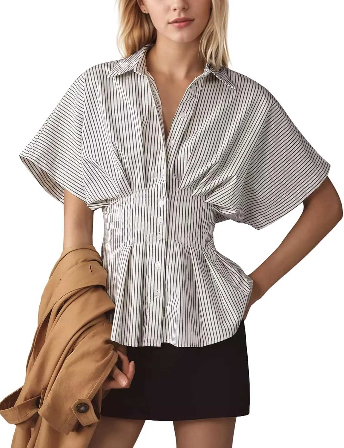 Women Striped Button Down Pleated Shirts 2025 Summer Short Sleeve Dressy Peplum Tops Casual Business Blouse