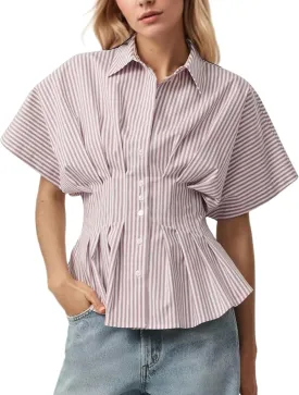 Women Striped Button Down Pleated Shirts 2025 Summer Short Sleeve Dressy Peplum Tops Casual Business Blouse