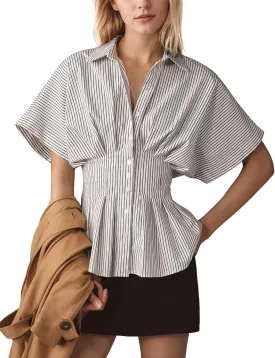 Women Striped Button Down Pleated Shirts 2025 Summer Short Sleeve Dressy Peplum Tops Casual Business Blouse