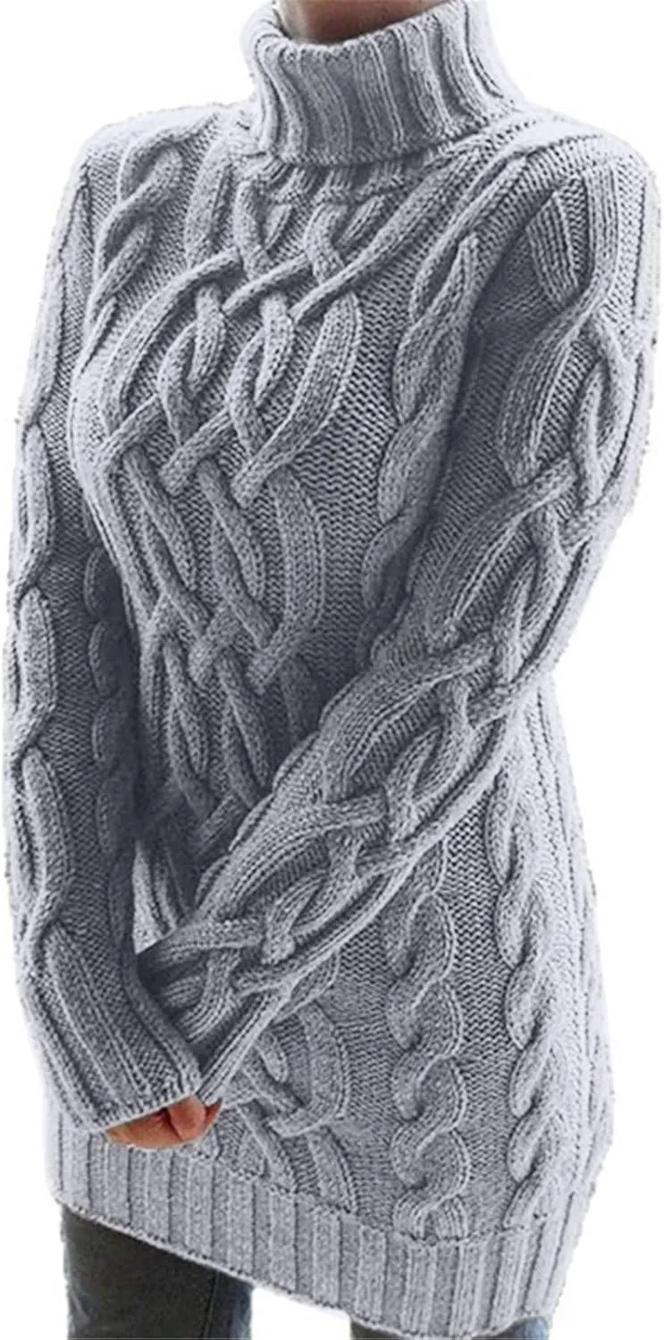 Womens Cable Knit Sweater Dress Turtleneck Long Sleeve Pullover Jumper Dresses Slim Fit Chunky Sweaters Fall Winter