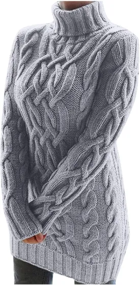 Womens Cable Knit Sweater Dress Turtleneck Long Sleeve Pullover Jumper Dresses Slim Fit Chunky Sweaters Fall Winter