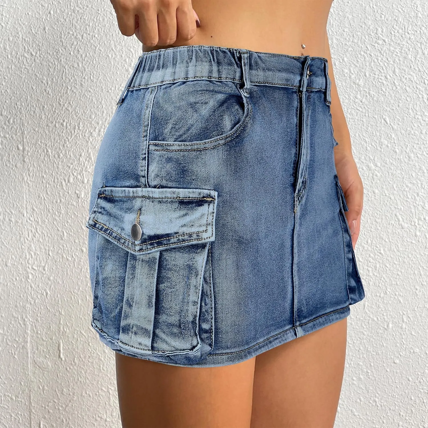 Womens Mini Cargo Skirts Y2k Denim Skirt with Pockets Low Waist Button Jean Skirts for Women