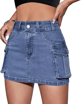 Womens Mini Cargo Skirts Y2k Denim Skirt with Pockets Low Waist Button Jean Skirts for Women
